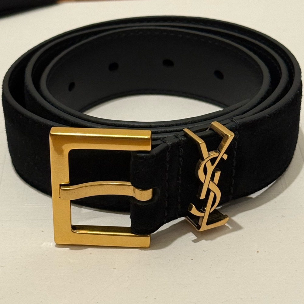 Saint Laurent Black Leather Belt with Gold Buckle - Picture 2 of 11